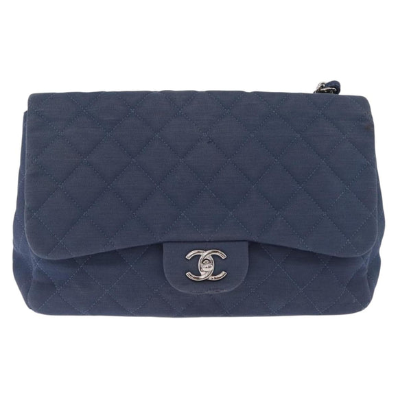 CHANEL Big Matelasse 30 Chain Shoulder Bag Cotton Navy Silver CC Auth 208049V