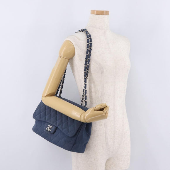 CHANEL Big Matelasse 30 Chain Shoulder Bag Cotton Navy Silver CC Auth 208049V