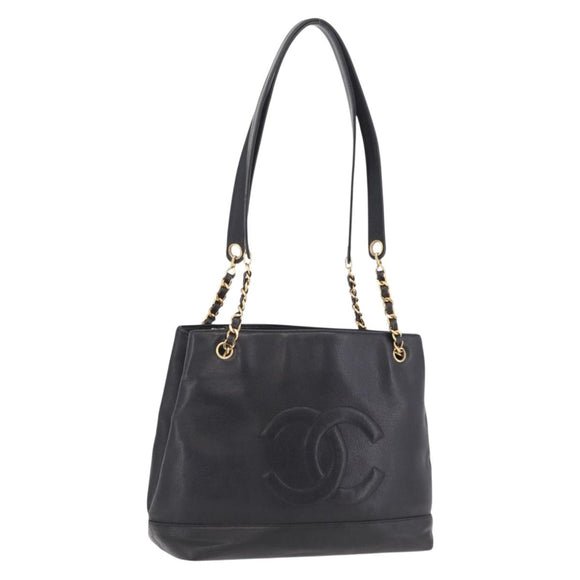 CHANEL Chain Shoulder Tote Bag Leather Black Gold Tone CC Auth 208068V