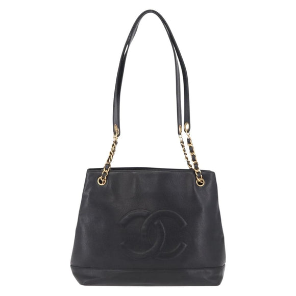 CHANEL Chain Shoulder Tote Bag Leather Black Gold Tone CC Auth 208068V