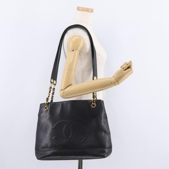 CHANEL Chain Shoulder Tote Bag Leather Black Gold Tone CC Auth 208068V