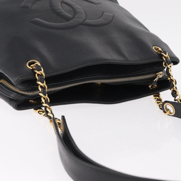 CHANEL Chain Shoulder Tote Bag Leather Black Gold Tone CC Auth 208068V