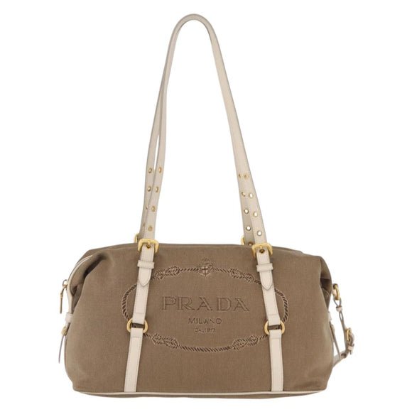 PRADA Jacquard Tote Bag Canvas Brown Gold Tone Auth 208073V