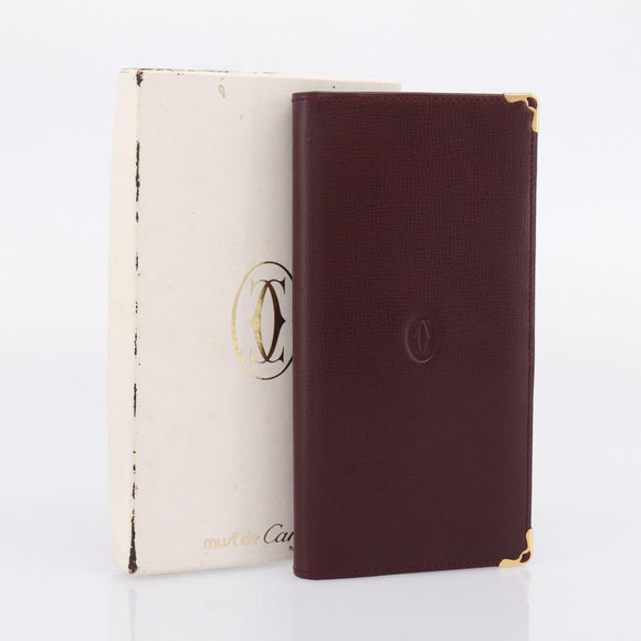 Cartier Long Wallet Leather Bordeaux Gold Auth 208075V