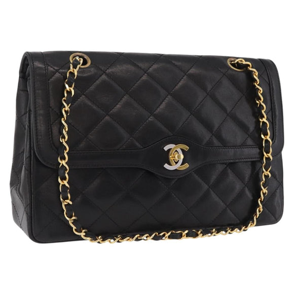 CHANEL Paris Exclusive Matelasse Chain Shoulder Bag Lamb Skin Black Auth 208078V