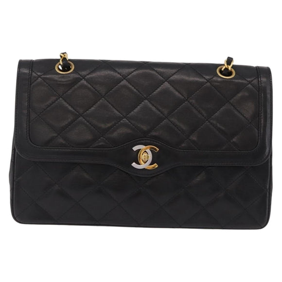 CHANEL Paris Exclusive Matelasse Chain Shoulder Bag Lamb Skin Black Auth 208078V