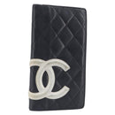 CHANEL Cambon Line Long Wallet Lamb Skin Black White CC Auth 208084-1