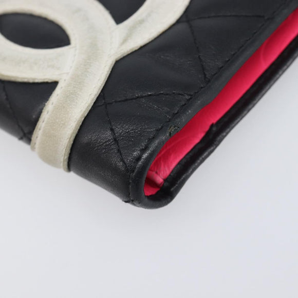 CHANEL Cambon Line Long Wallet Lamb Skin Black White CC Auth 208084