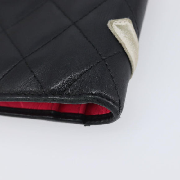 CHANEL Cambon Line Long Wallet Lamb Skin Black White CC Auth 208084