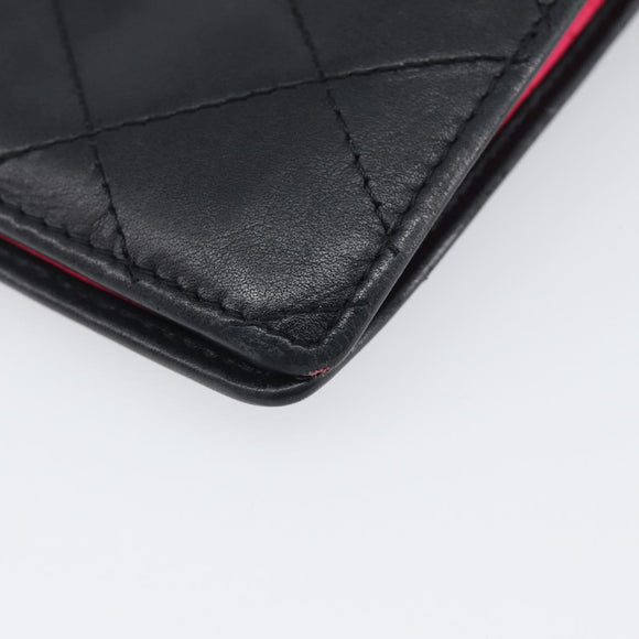 CHANEL Cambon Line Long Wallet Lamb Skin Black White CC Auth 208084