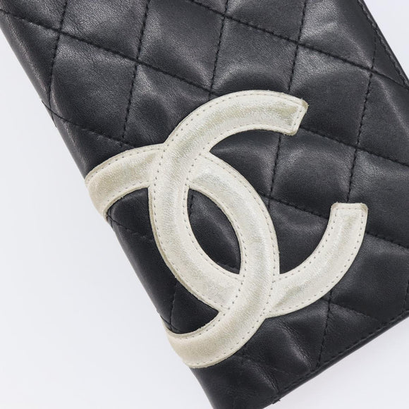 CHANEL Cambon Line Long Wallet Lamb Skin Black White CC Auth 208084