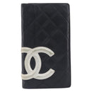 CHANEL Cambon Line Long Wallet Lamb Skin Black White CC Auth 208084-2