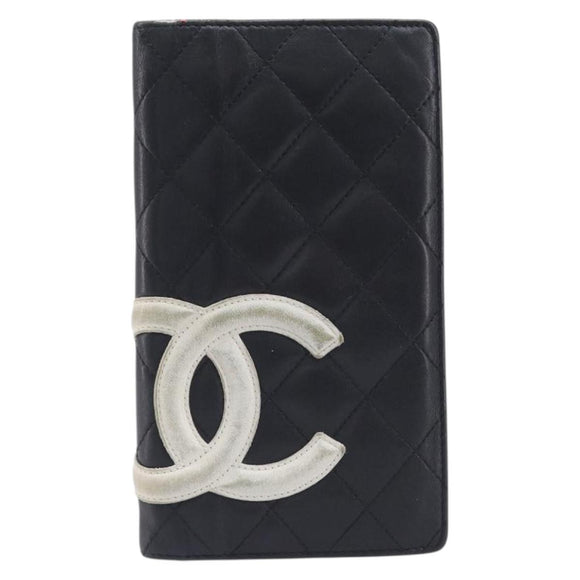 CHANEL Cambon Line Long Wallet Lamb Skin Black White CC Auth 208084