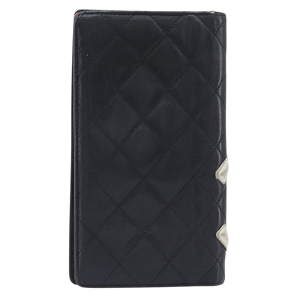 CHANEL Cambon Line Long Wallet Lamb Skin Black White CC Auth 208084