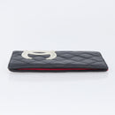 CHANEL Cambon Line Long Wallet Lamb Skin Black White CC Auth 208084-4