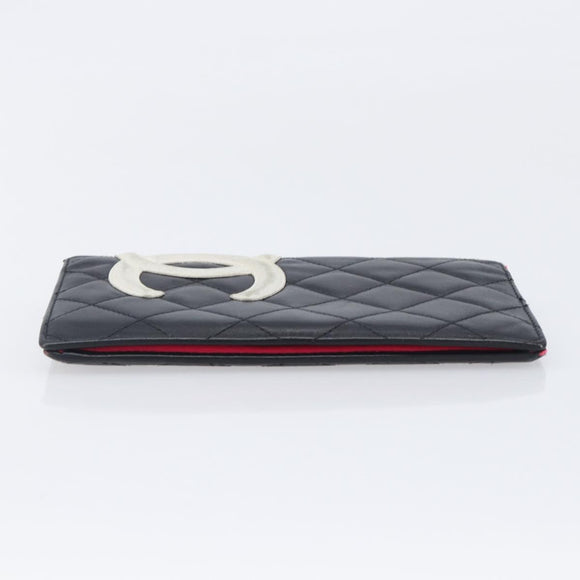CHANEL Cambon Line Long Wallet Lamb Skin Black White CC Auth 208084