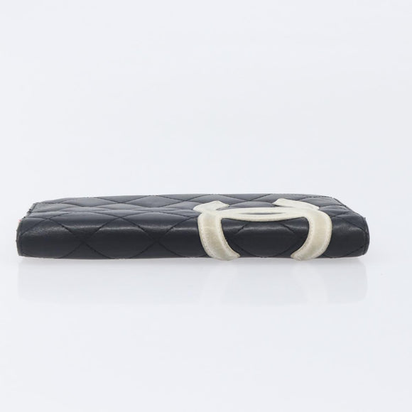 CHANEL Cambon Line Long Wallet Lamb Skin Black White CC Auth 208084