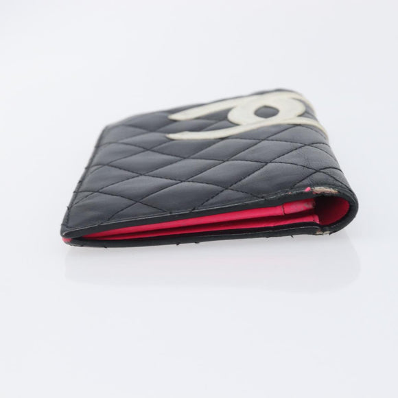 CHANEL Cambon Line Long Wallet Lamb Skin Black White CC Auth 208084
