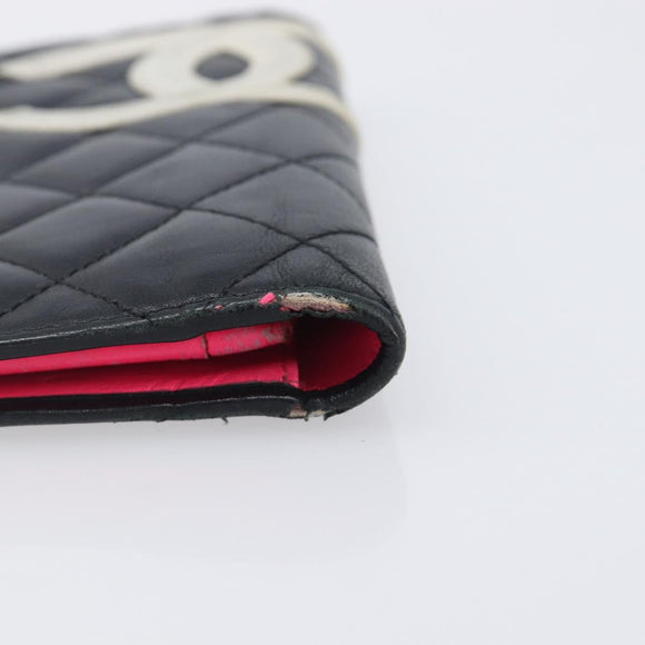 CHANEL Cambon Line Long Wallet Lamb Skin Black White CC Auth 208084