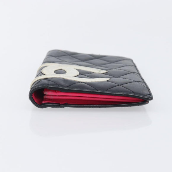 CHANEL Cambon Line Long Wallet Lamb Skin Black White CC Auth 208084