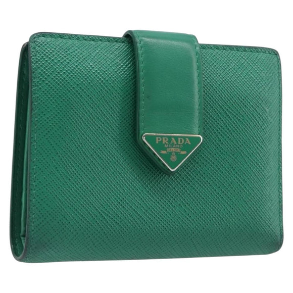 PRADA Compact Wallet Saffiano leather Green Gold Tone Auth 208099V