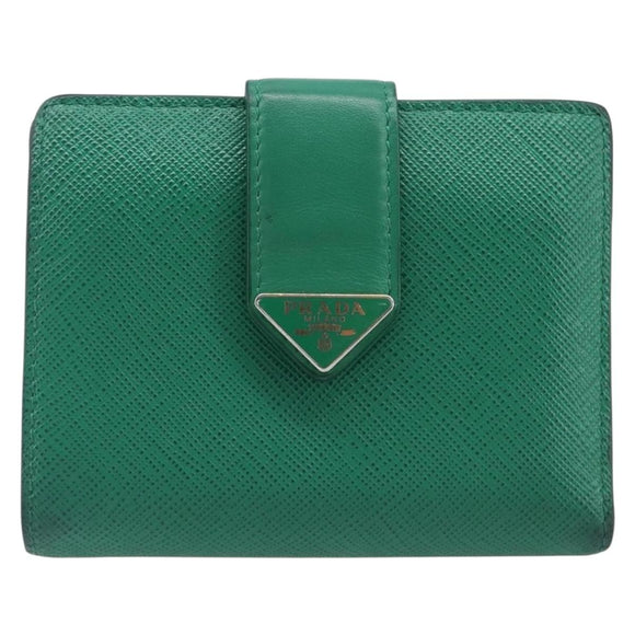PRADA Compact Wallet Saffiano leather Green Gold Tone Auth 208099V