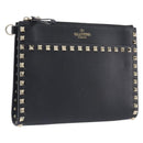 Valentino Rock Studs Clutch Bag Leather Black Gold Tone Auth 208109V-1
