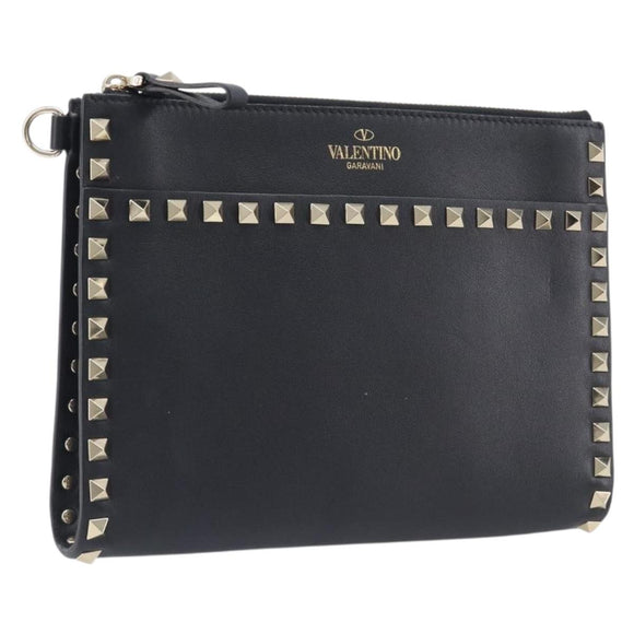 Valentino Rock Studs Clutch Bag Leather Black Gold Tone Auth 208109V