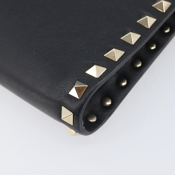 Valentino Rock Studs Clutch Bag Leather Black Gold Tone Auth 208109V