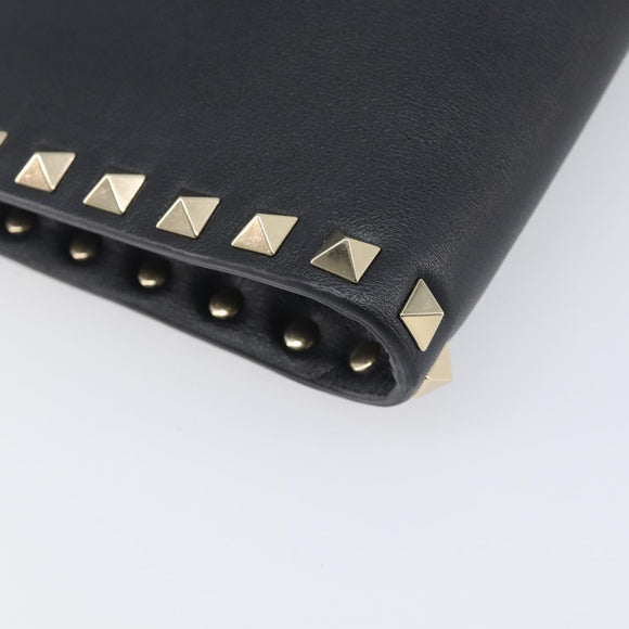 Valentino Rock Studs Clutch Bag Leather Black Gold Tone Auth 208109V
