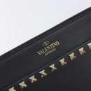 Valentino Rock Studs Clutch Bag Leather Black Gold Tone Auth 208109V-17