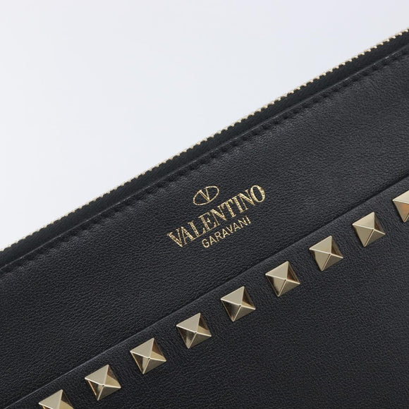 Valentino Rock Studs Clutch Bag Leather Black Gold Tone Auth 208109V