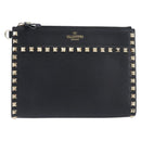 Valentino Rock Studs Clutch Bag Leather Black Gold Tone Auth 208109V-13