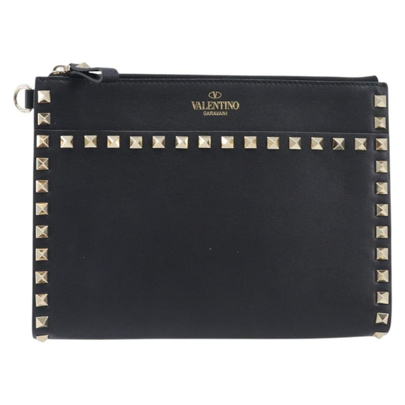 Valentino Rock Studs Clutch Bag Leather Black Gold Tone Auth 208109V