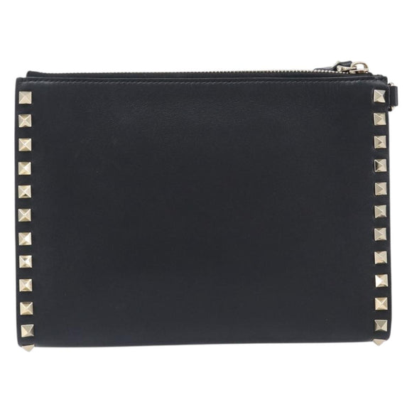Valentino Rock Studs Clutch Bag Leather Black Gold Tone Auth 208109V