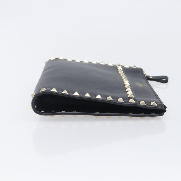Valentino Rock Studs Clutch Bag Leather Black Gold Tone Auth 208109V