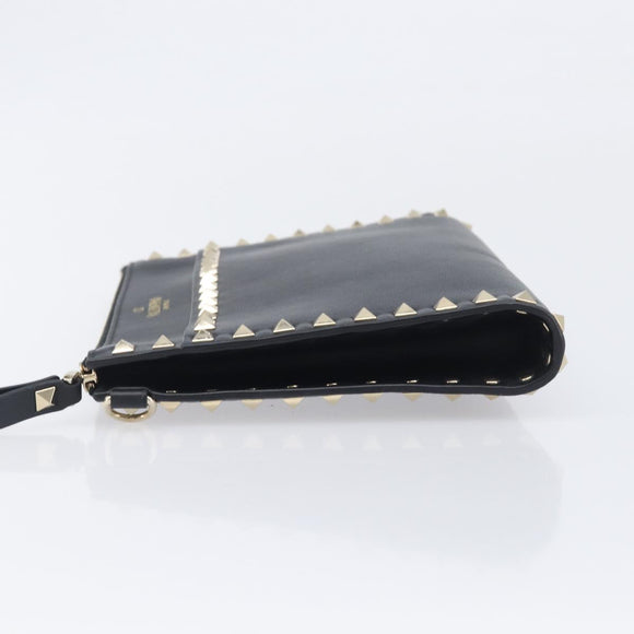 Valentino Rock Studs Clutch Bag Leather Black Gold Tone Auth 208109V