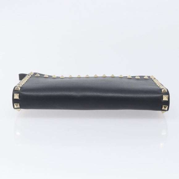 Valentino Rock Studs Clutch Bag Leather Black Gold Tone Auth 208109V