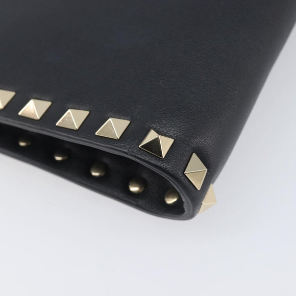 Valentino Rock Studs Clutch Bag Leather Black Gold Tone Auth 208109V