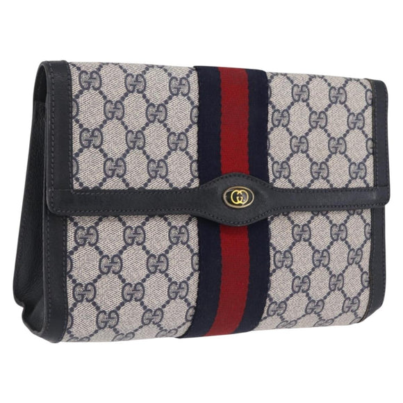 GUCCI GG Supreme Sherry Line Clutch Bag PVC Navy Gold Tone 89 01 006 Auth 208113