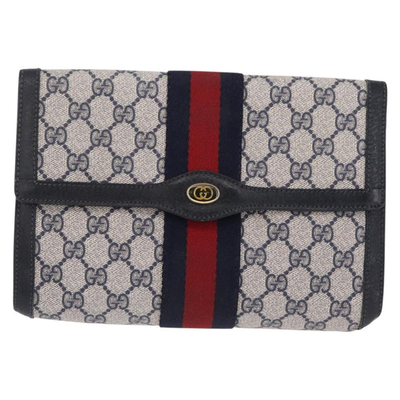 GUCCI GG Supreme Sherry Line Clutch Bag PVC Navy Gold Tone 89 01 006 Auth 208113