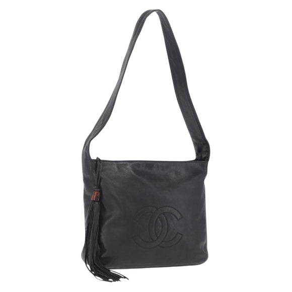 CHANEL Shoulder Bag Leather Black Gold Tone CC Auth 208135V