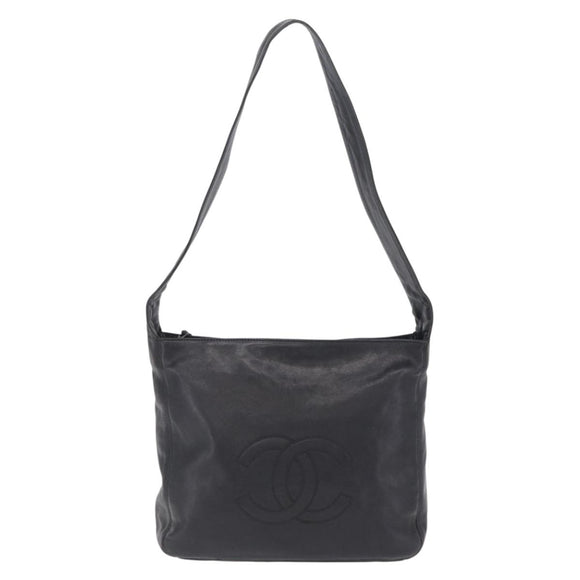 CHANEL Shoulder Bag Leather Black Gold Tone CC Auth 208135V