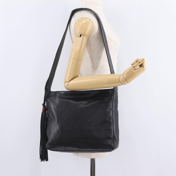 CHANEL Shoulder Bag Leather Black Gold Tone CC Auth 208135V