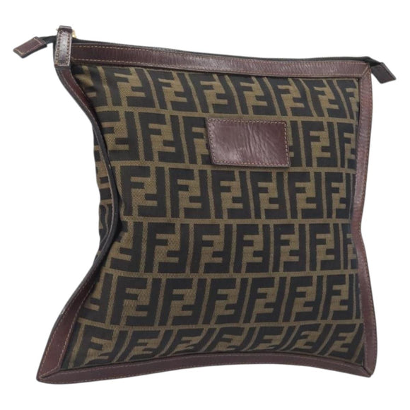 FENDI Zucca Canvas Clutch Bag Brown Gold Tone Auth 208136