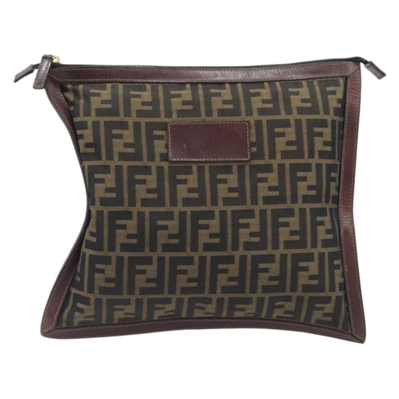 FENDI Zucca Canvas Clutch Bag Brown Gold Tone Auth 208136