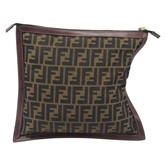 FENDI Zucca Canvas Clutch Bag Brown Gold Tone Auth 208136