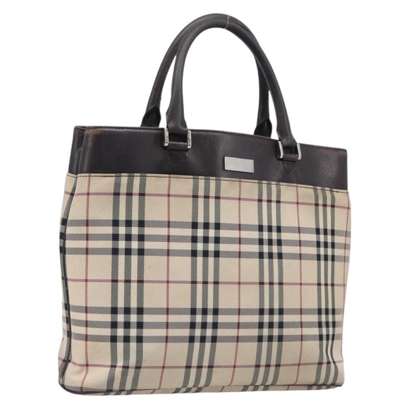 BURBERRY Nova Check Hand Bag Canvas Beige Silver Auth 208144