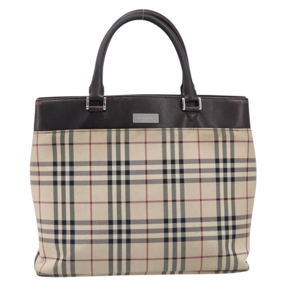 BURBERRY Nova Check Hand Bag Canvas Beige Silver Auth 208144