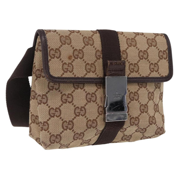 GUCCI GG Canvas Waist Bag Beige Silver 131236 Auth 208149